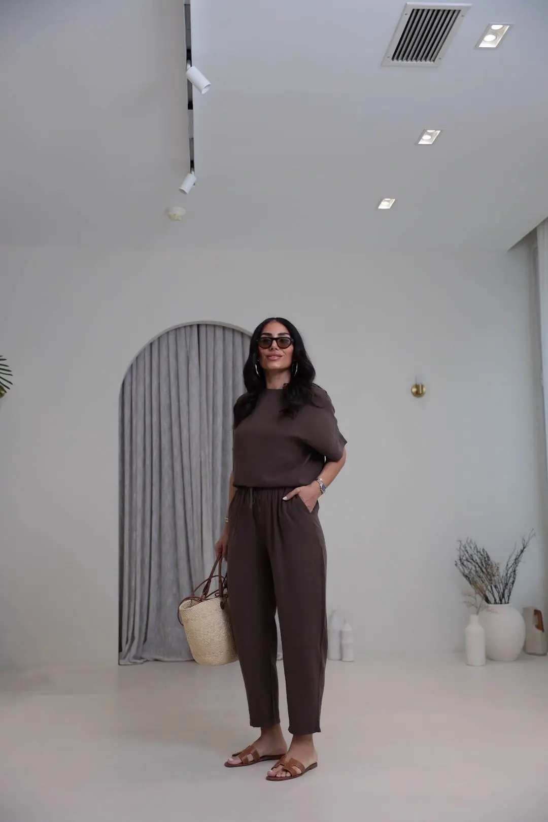 1601 Sırtı Düğme Detaylı Tencel Kumaş Takım KAHVE