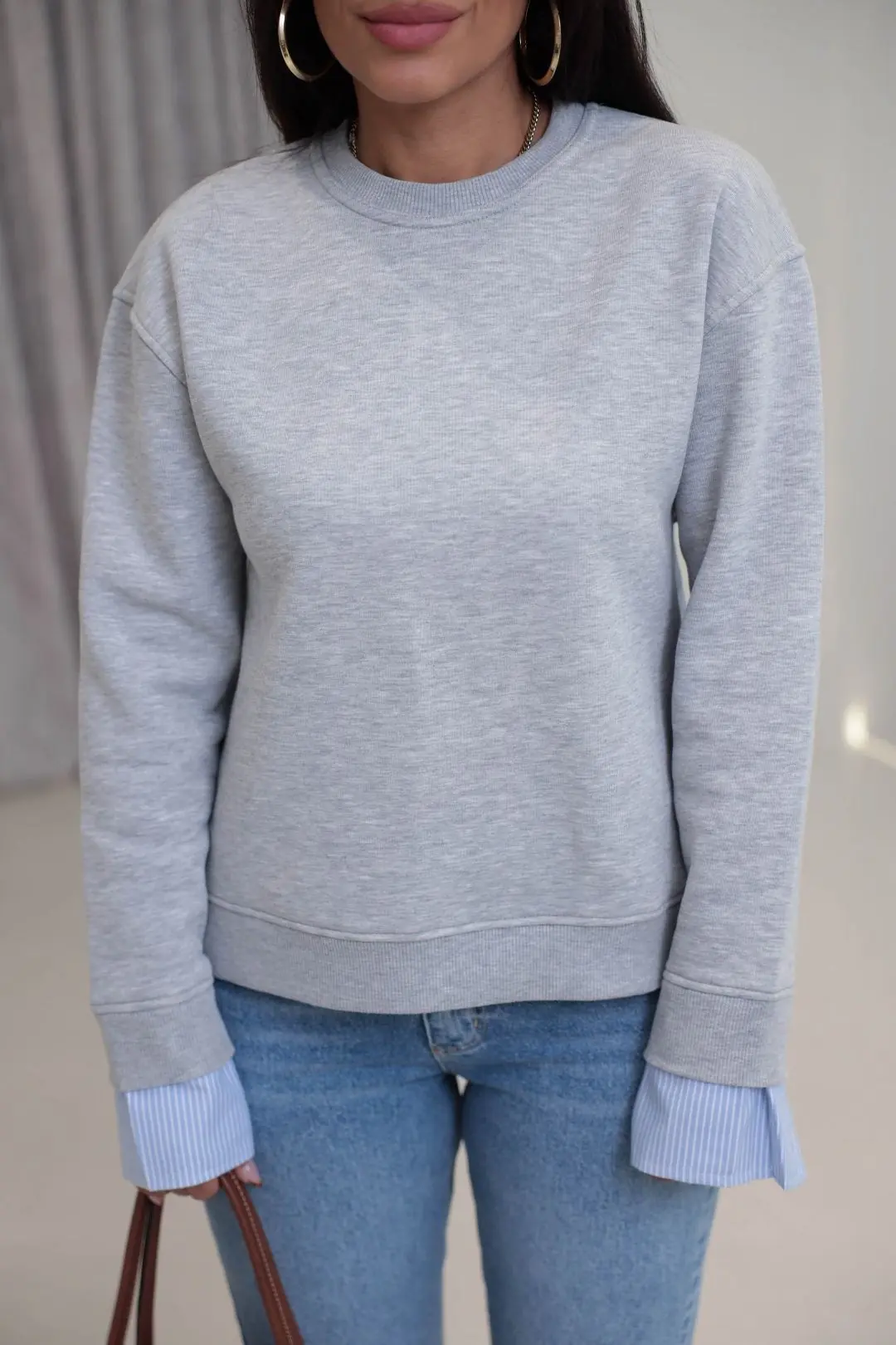 0201 Bisiklet Yaka Gömlek Garnili 3 İplik Sweatshirt GRİ