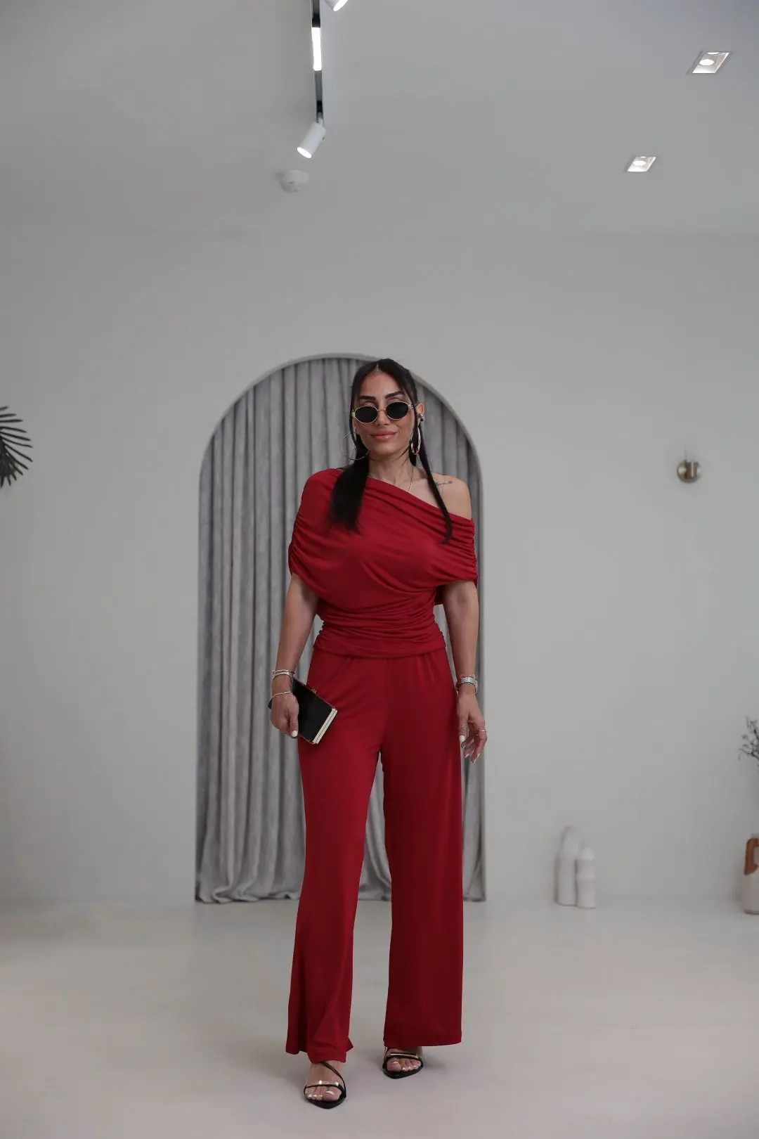 5388 Dökümlü Drapeli Sandy Bluz Pantolon Takım KIRMIZI