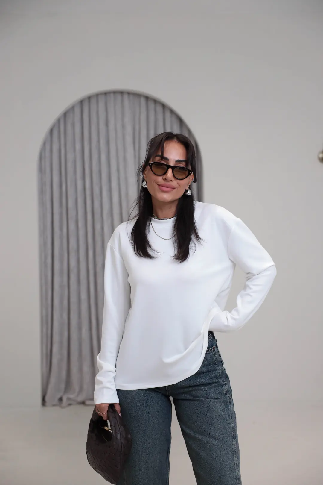 1448 Bisiklet Yaka uzun Kollu Oversize Tshirt BEYAZ - BEYAZ