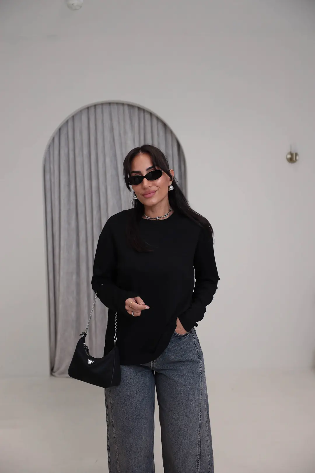 1448 Bisiklet Yaka uzun Kollu Oversize Tshirt SİYAH