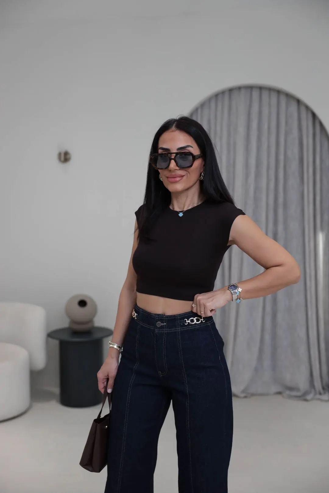 0528 Pamuk ve Modal Karışımlı Crop Top KAHVE