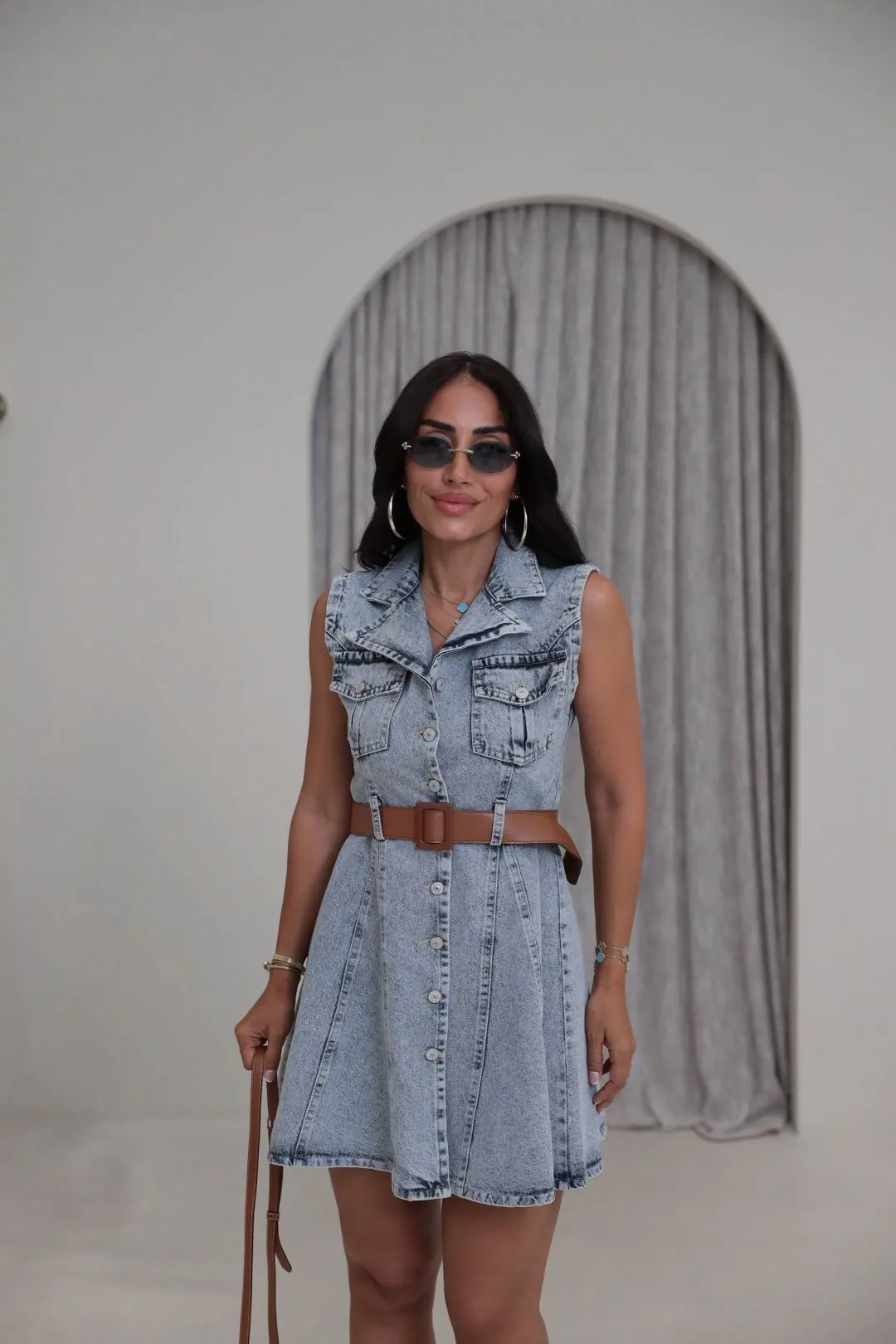 3451 Önden Düğmeli Kemerli Denim Elbise YIKAMALI MAVİ