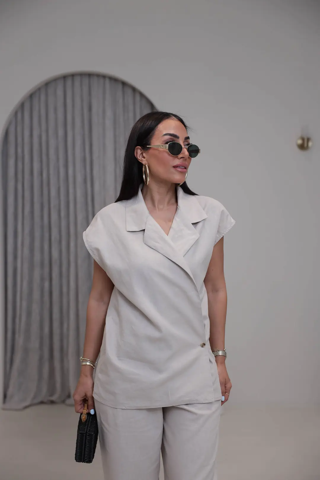 7351 Gömlek Yaka Sıfır Kol Keten Takım TAŞ