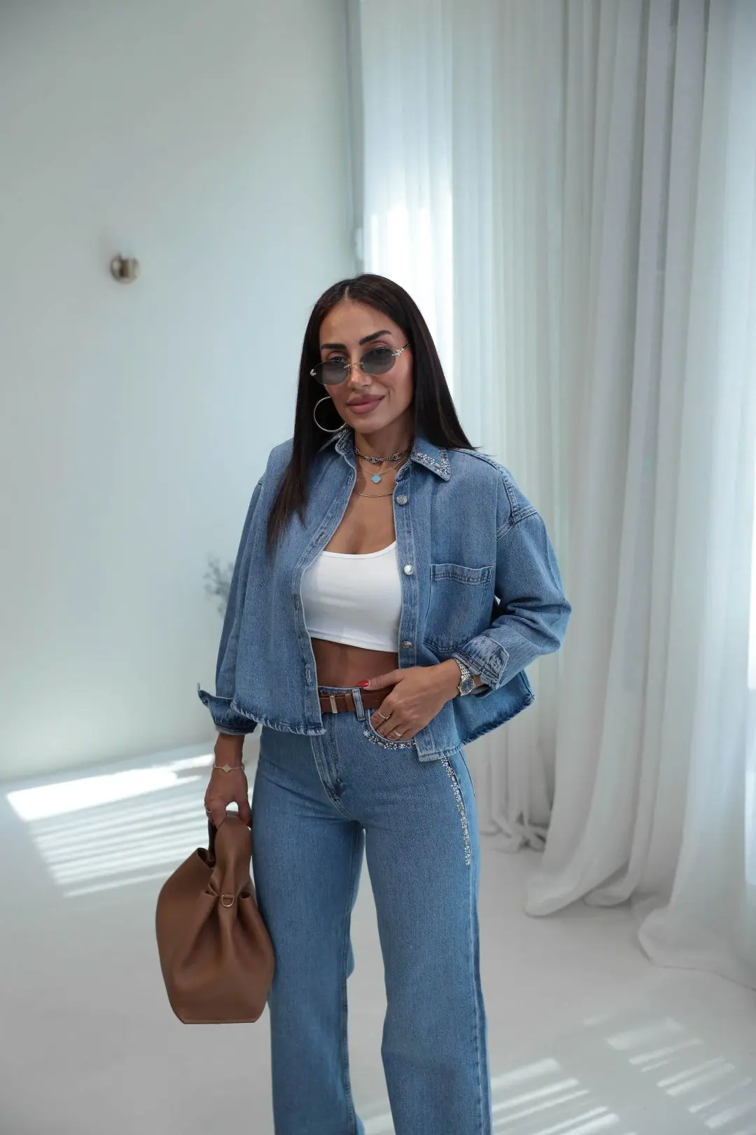 8405 Gömlek ve Pantolonu Taşlı Denim Takım MAVİ