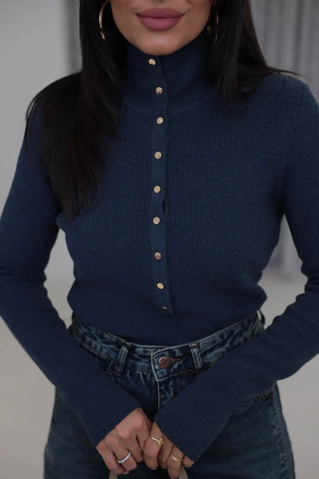 0686Y Çıtçıtlı Dik Yaka Triko Kazak Indigo