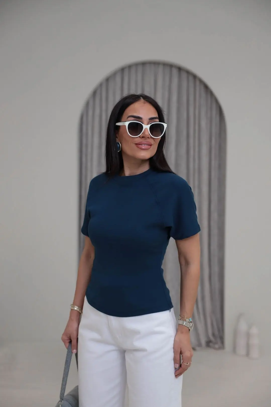 2322 Reglan Kol Yandan Fermuarlı Pamuklu Tshirt Indigo