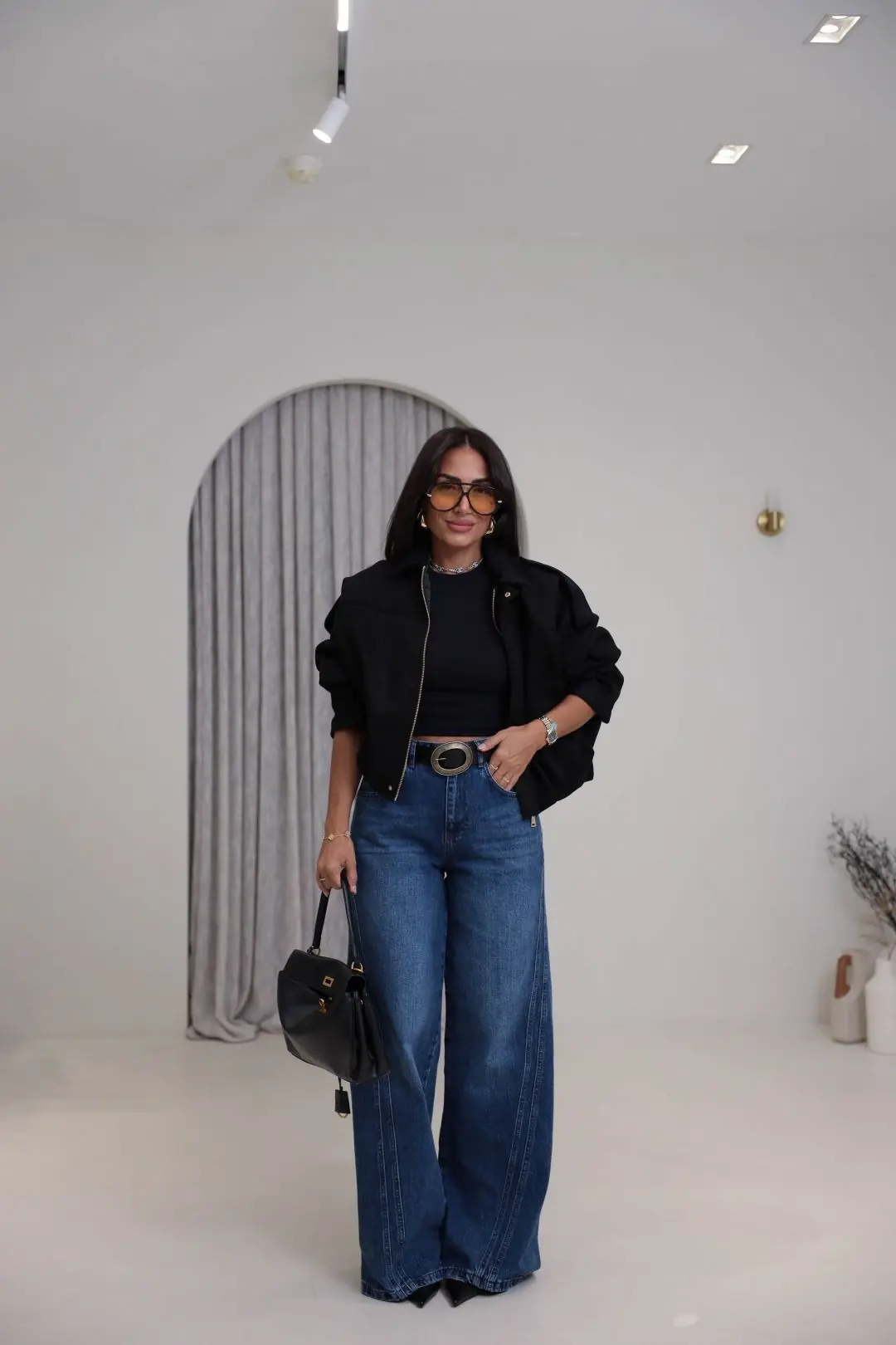 1067 Yanları Dikiş Detaylı Wide Leg Denim Pantolon KOYU MAVİ