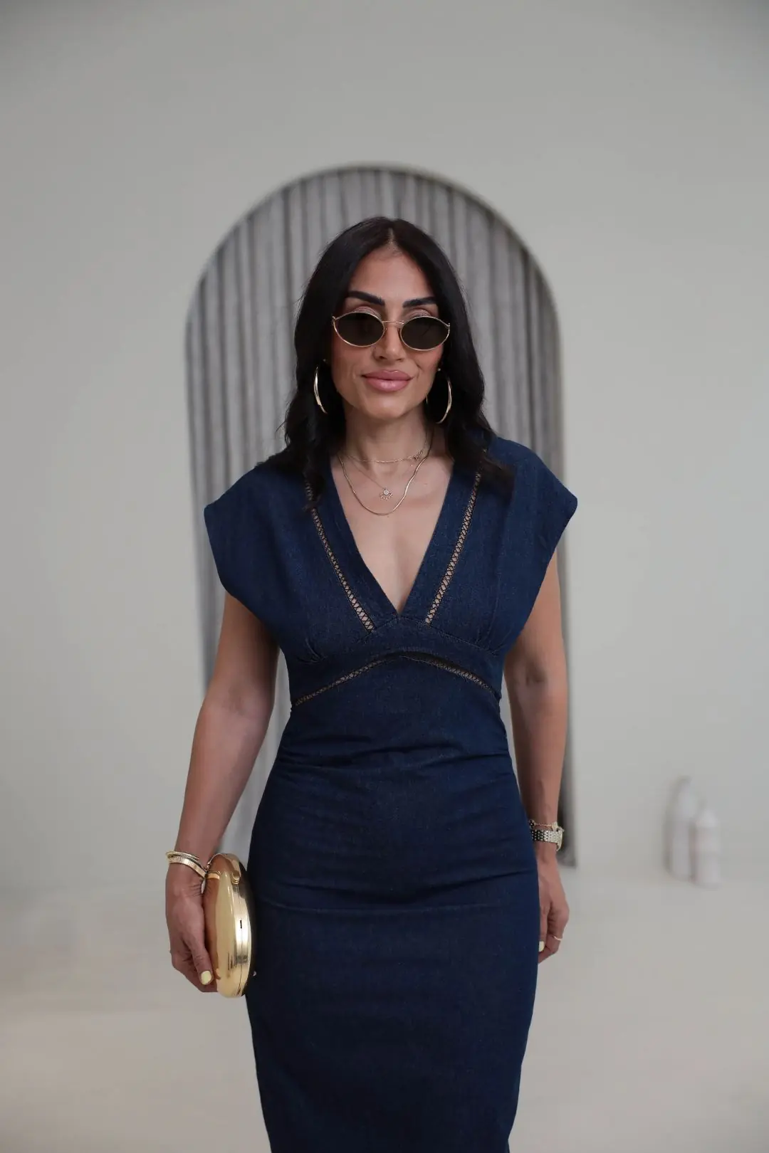 1027 V Yaka Şerit Detaylı Denim Elbise LACİVERT