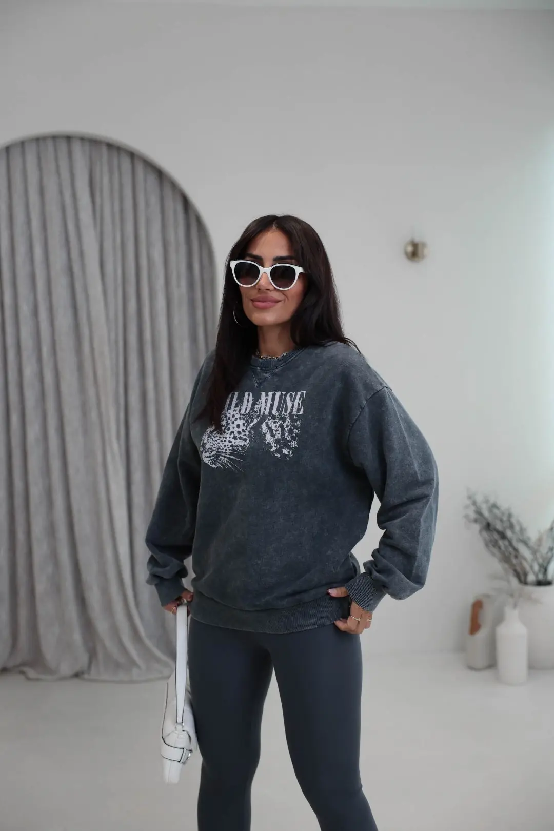 9106 Kaplan Baskılı Ribanalı İki İplik Sweatshirt ANTRASİT