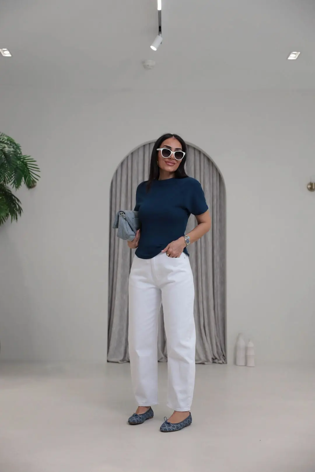 2322 Reglan Kol Yandan Fermuarlı Pamuklu Tshirt Indigo