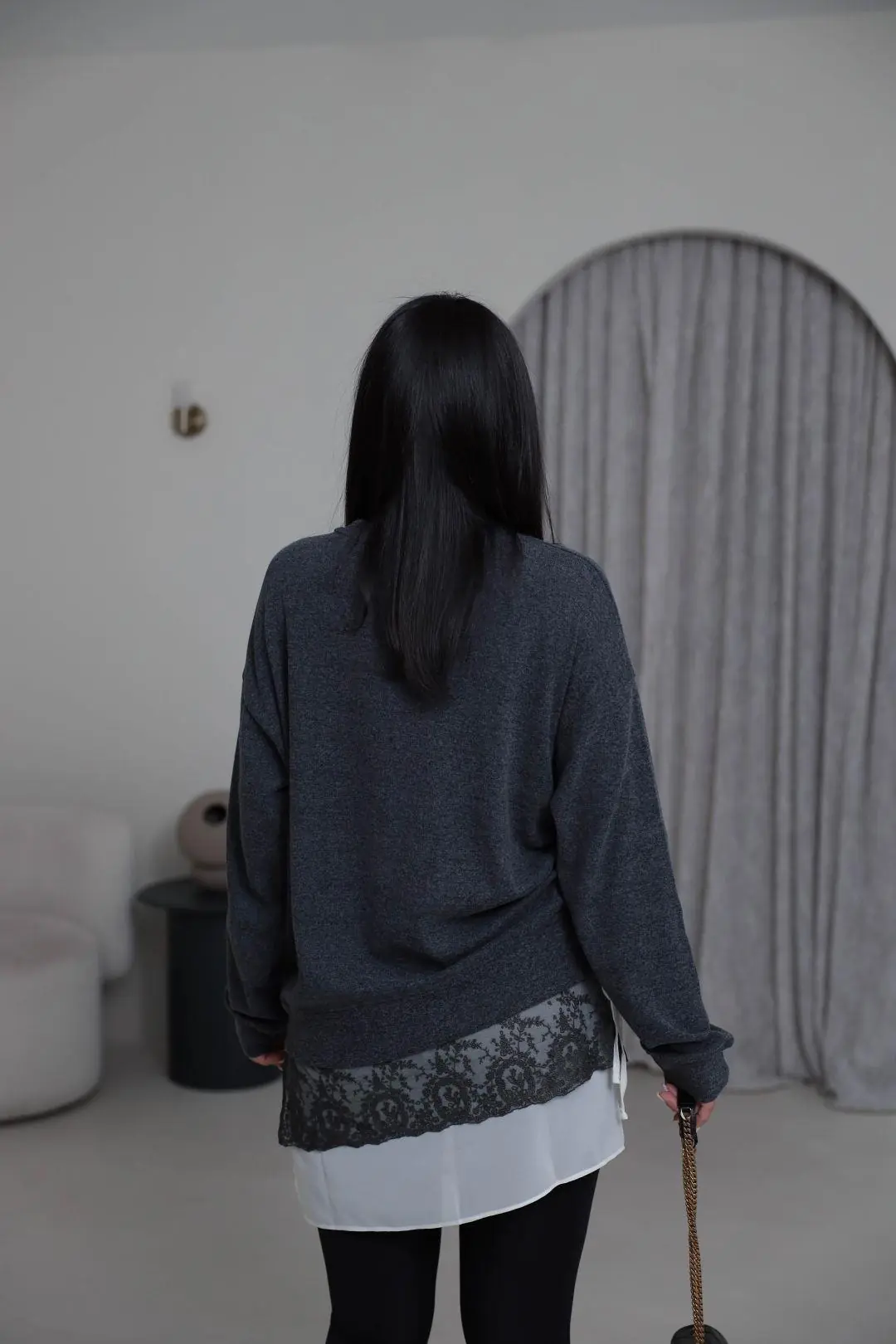 7273 Eteği Dantel Tunik Triko Bluz ANTRASİT