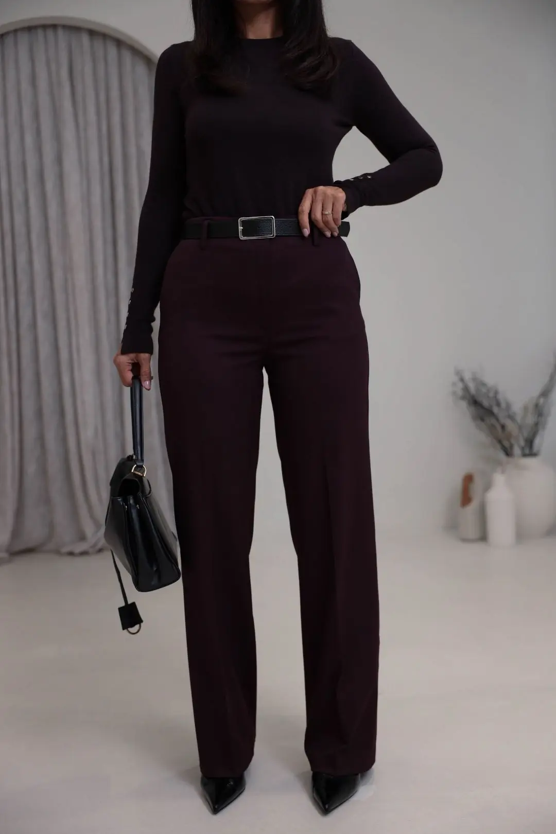 7291 Kemerli Ütü Çizgili Kumaş Pantolon BORDO