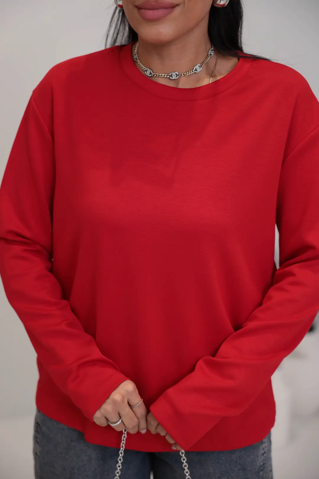 1448 Bisiklet Yaka uzun Kollu Oversize Tshirt KIRMIZI
