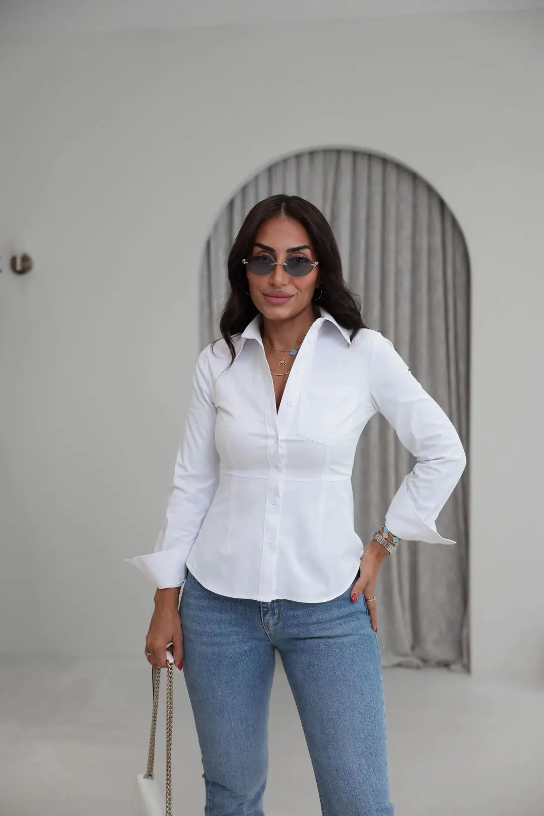 7230 Cepli Likralı Gömlek BEYAZ