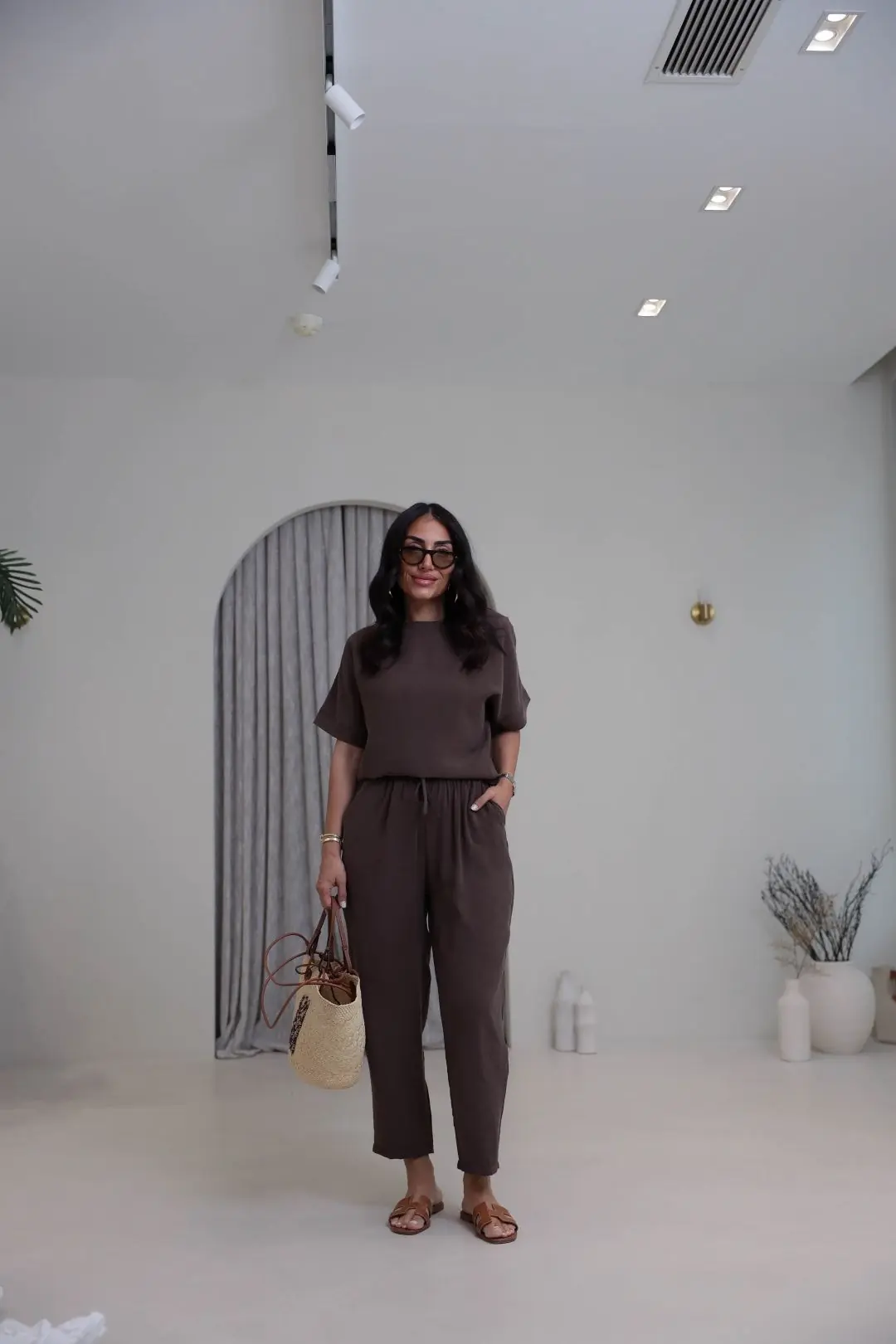 1601 Sırtı Düğme Detaylı Tencel Kumaş Takım KAHVE
