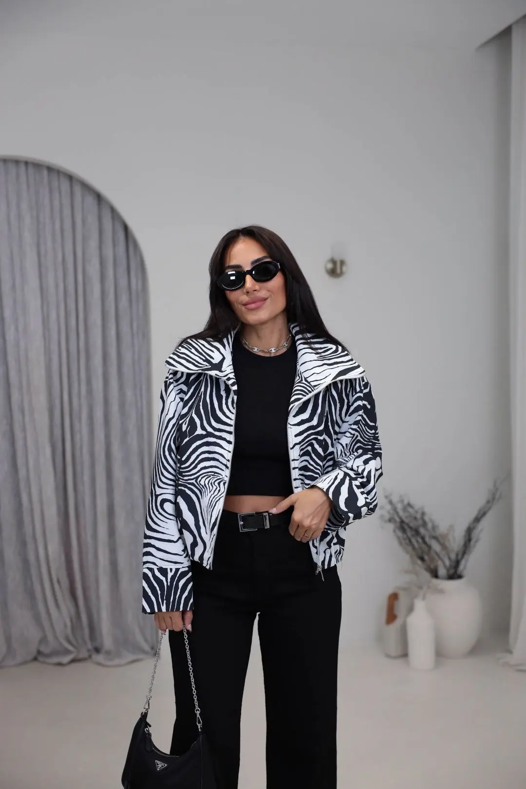 9450 Zebra Desen Fermuarlı Bel Lastikli Ceket SİYAHBEYAZ - SİYAHBEYAZ