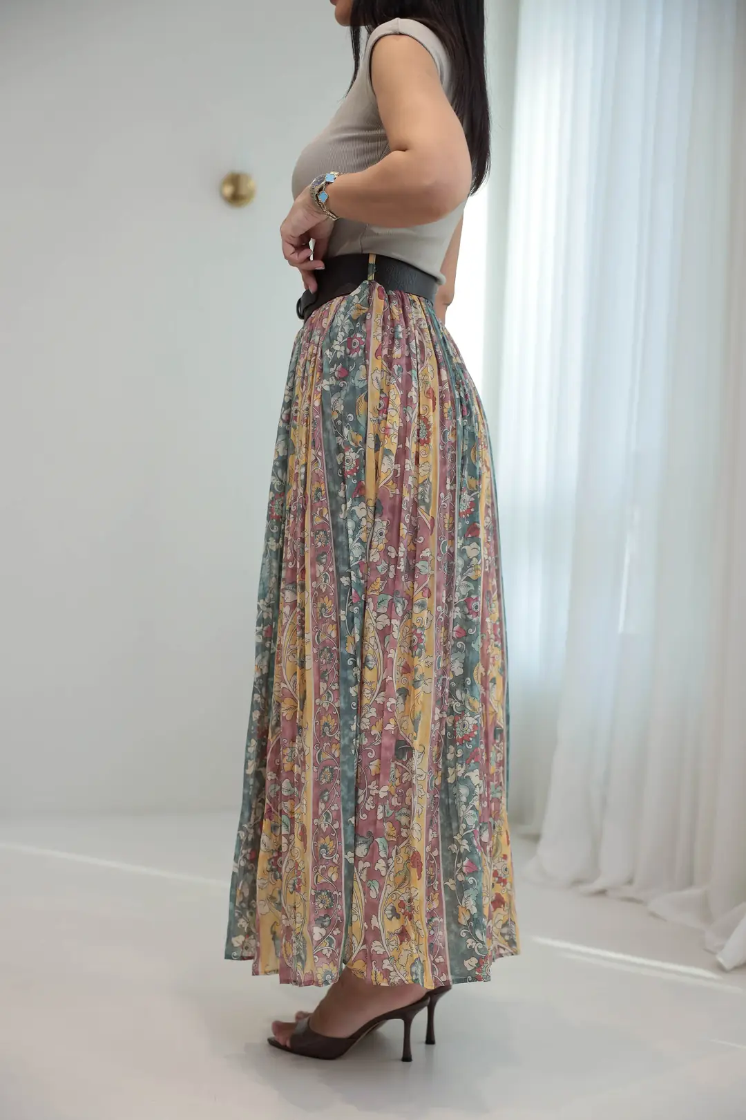3374 Kemerli Pliseli Desenli Maxi Etek YEŞİL