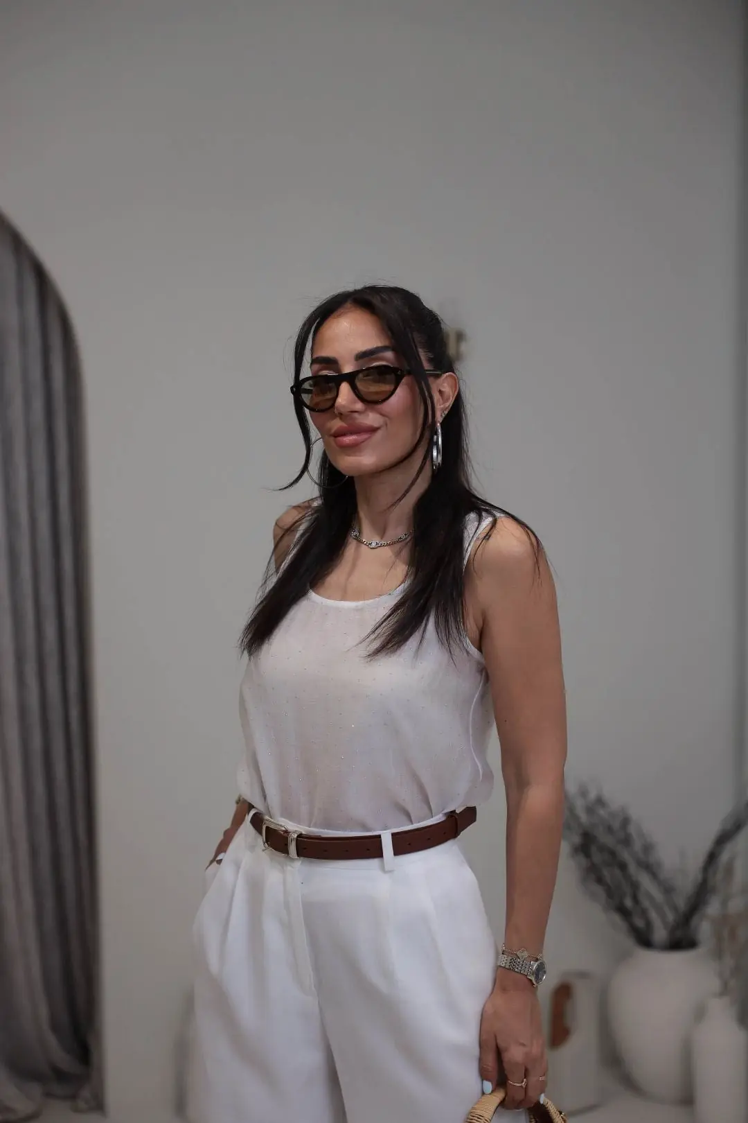 8241 Kalın Askılı Serpme Taşlı Tencel Atlet EKRU