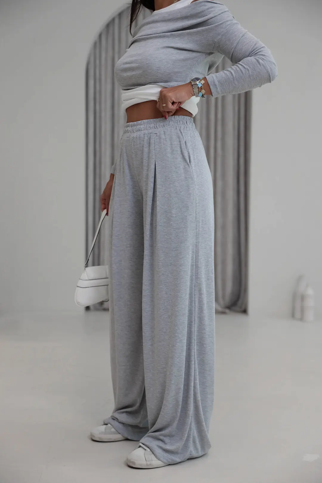 2779 Atlet Detaylı Dökümlü Bluz Pantolon Takım GRİ MELANJ