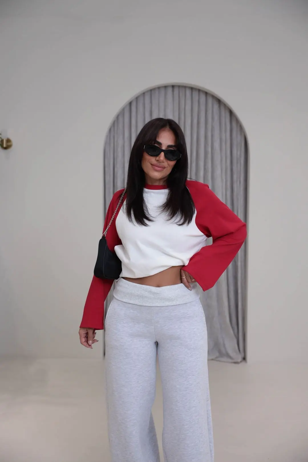4271 Reglan Kol Kontrastlı Bisiklet yaka Bluz KIRMIZI