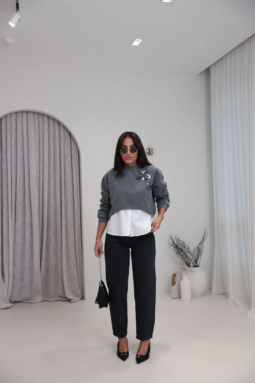 1154 Nakış Gömlek Detaylı Sweatshirt GRİ