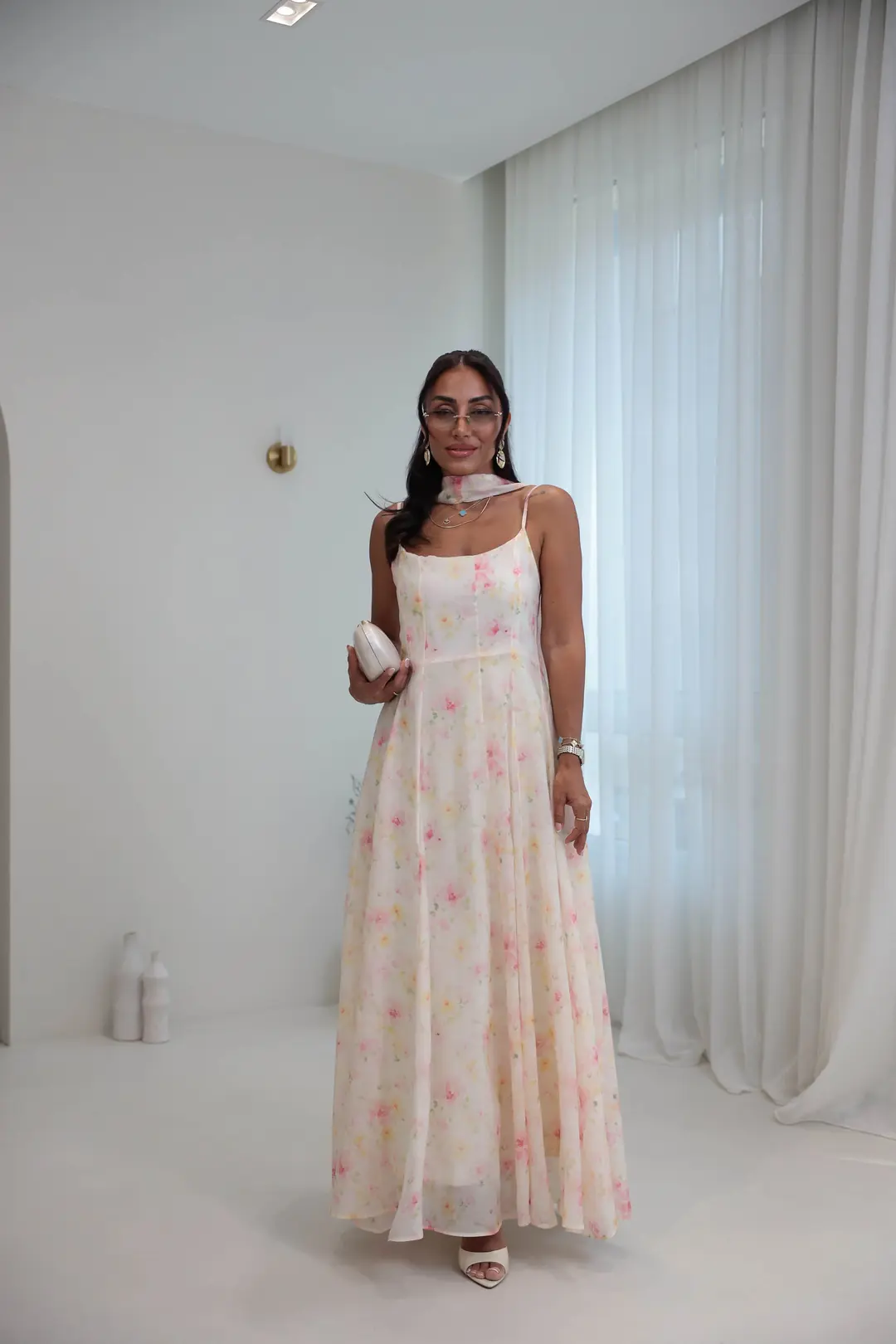 3449 Çiçek Desenli Askılı Gipeli Elbise KREM