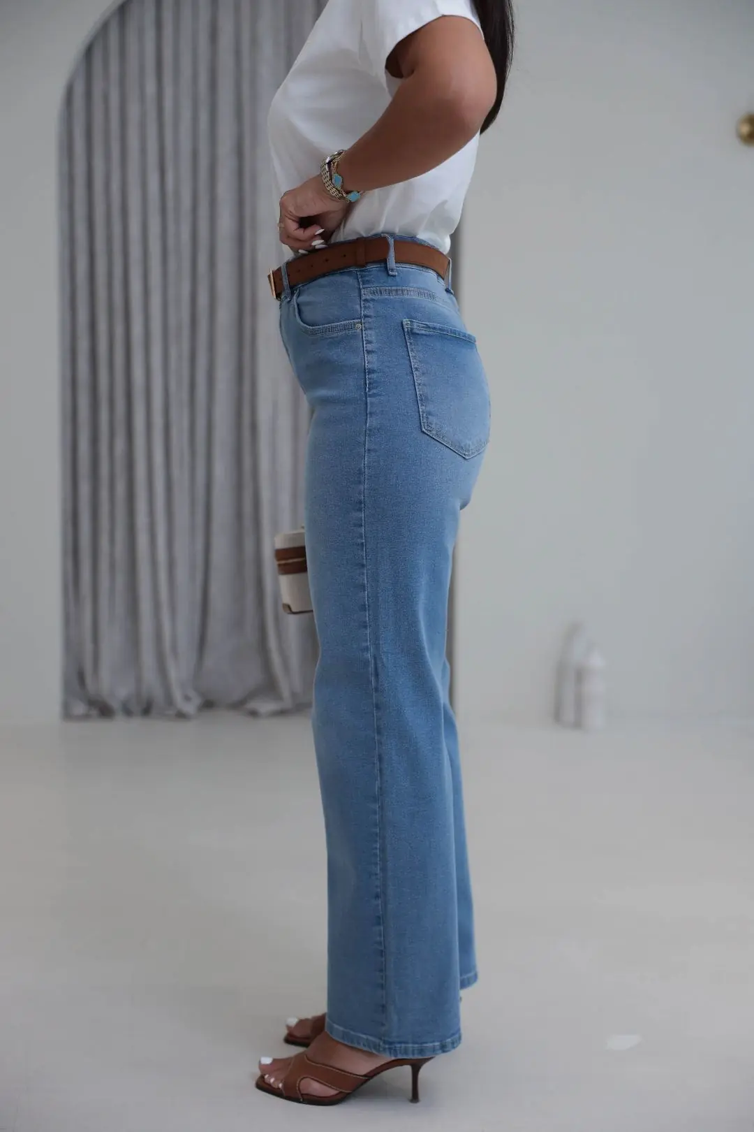6171 Süet Kemerli Yıkamalı Straight Pantolon MAVİ
