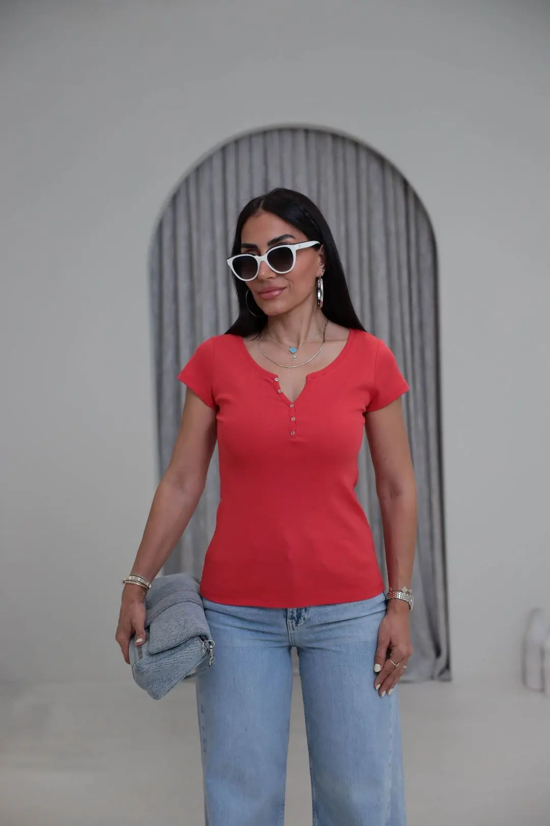 2688 Yaka Düğme Detaylı Pamuklu Tshirt KIRMIZI