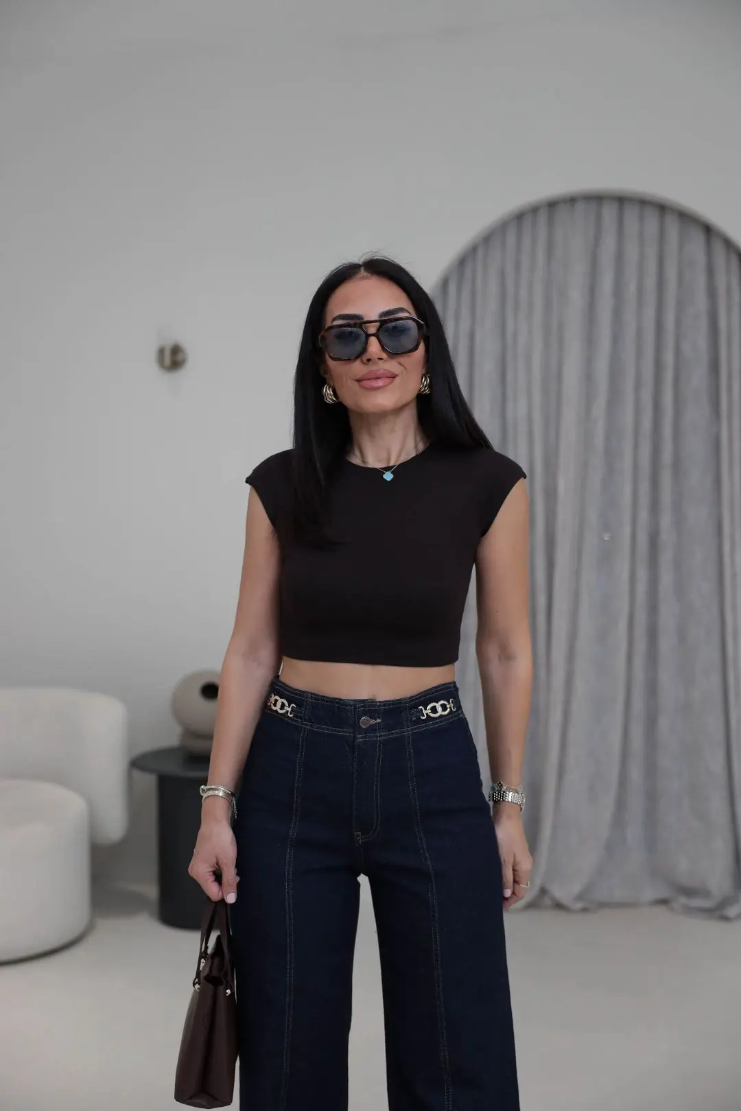 0528 Pamuk ve Modal Karışımlı Crop Top KAHVE