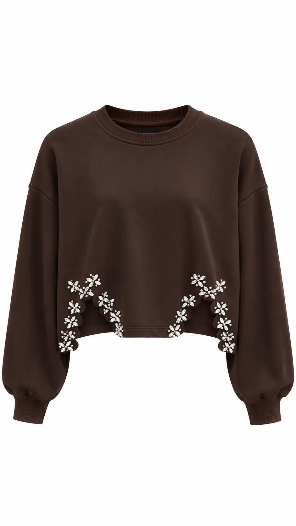 9095 Eteği Taş Süslemeli Pamuklu Sweatshirt KAHVE