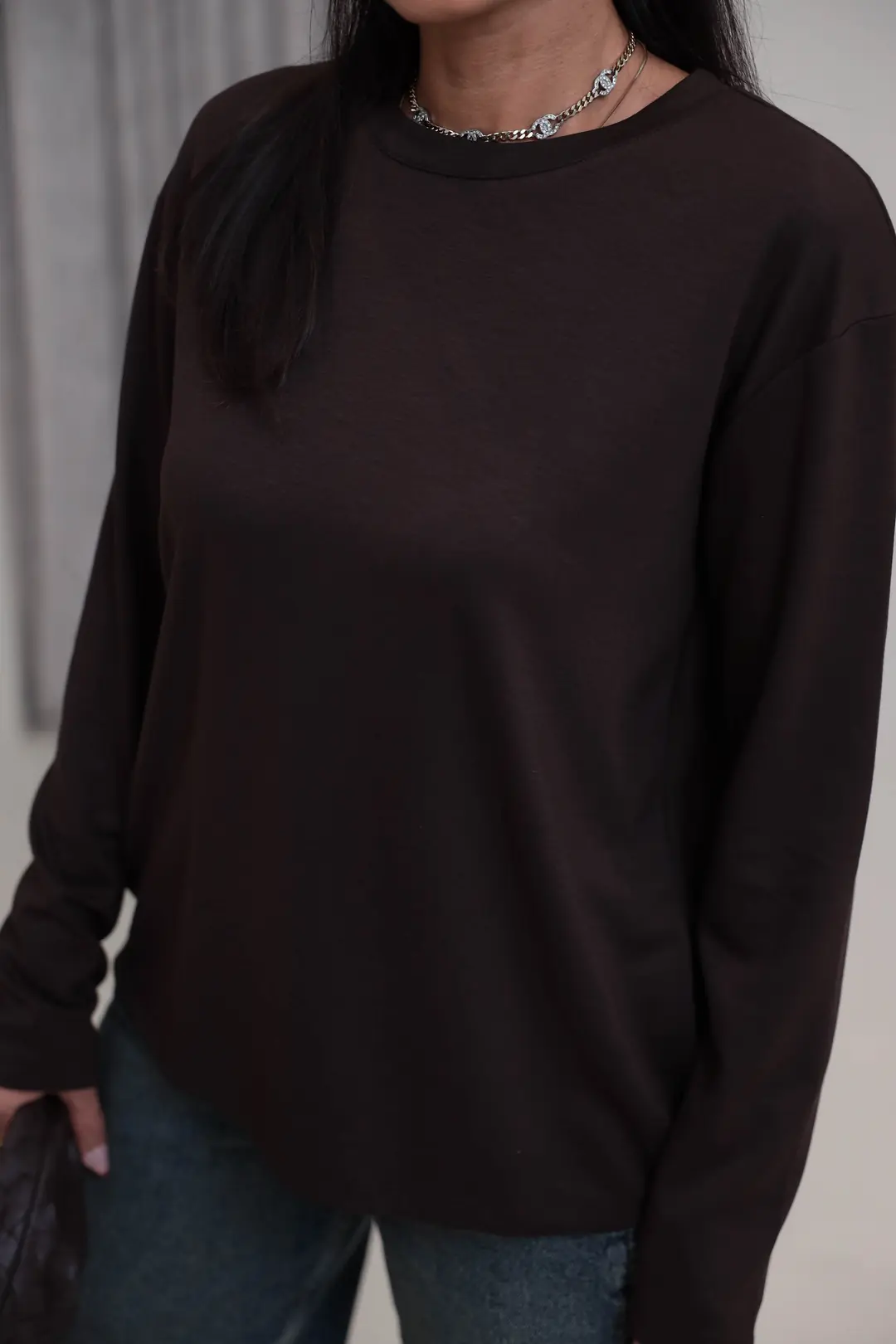 1448 Bisiklet Yaka uzun Kollu Oversize Tshirt KAHVE