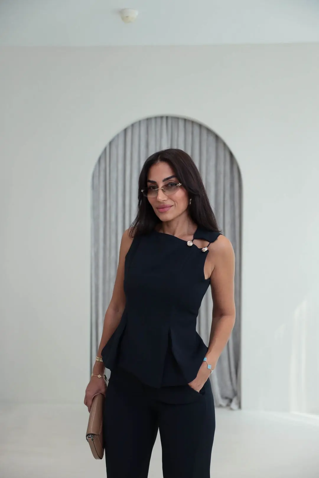 9215 Omuz Düğme Detaylı Bluz & Pantolon Takım LACİVERT