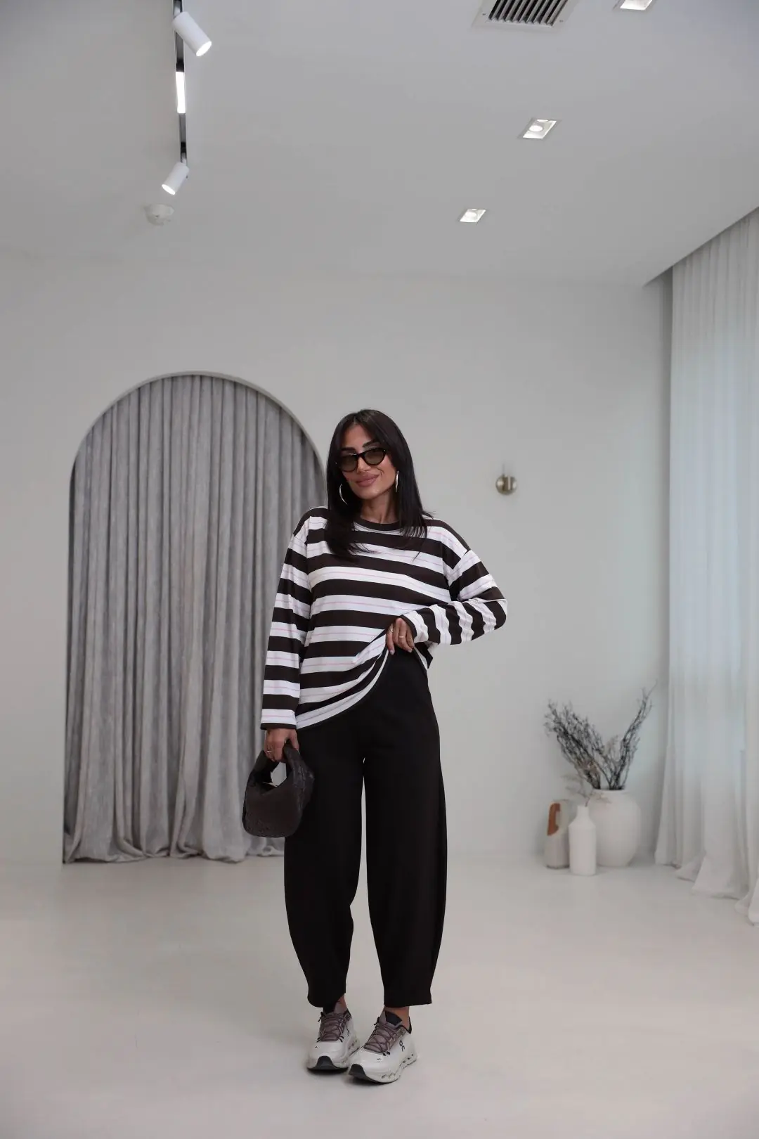 6357 Çizgi Detaylı Yumuşak Kumaş Sweatshirt KAHVE