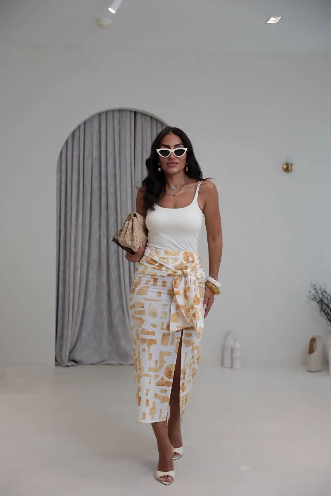3348 Düğüm Detaylı Desenli Midi Etek SARI