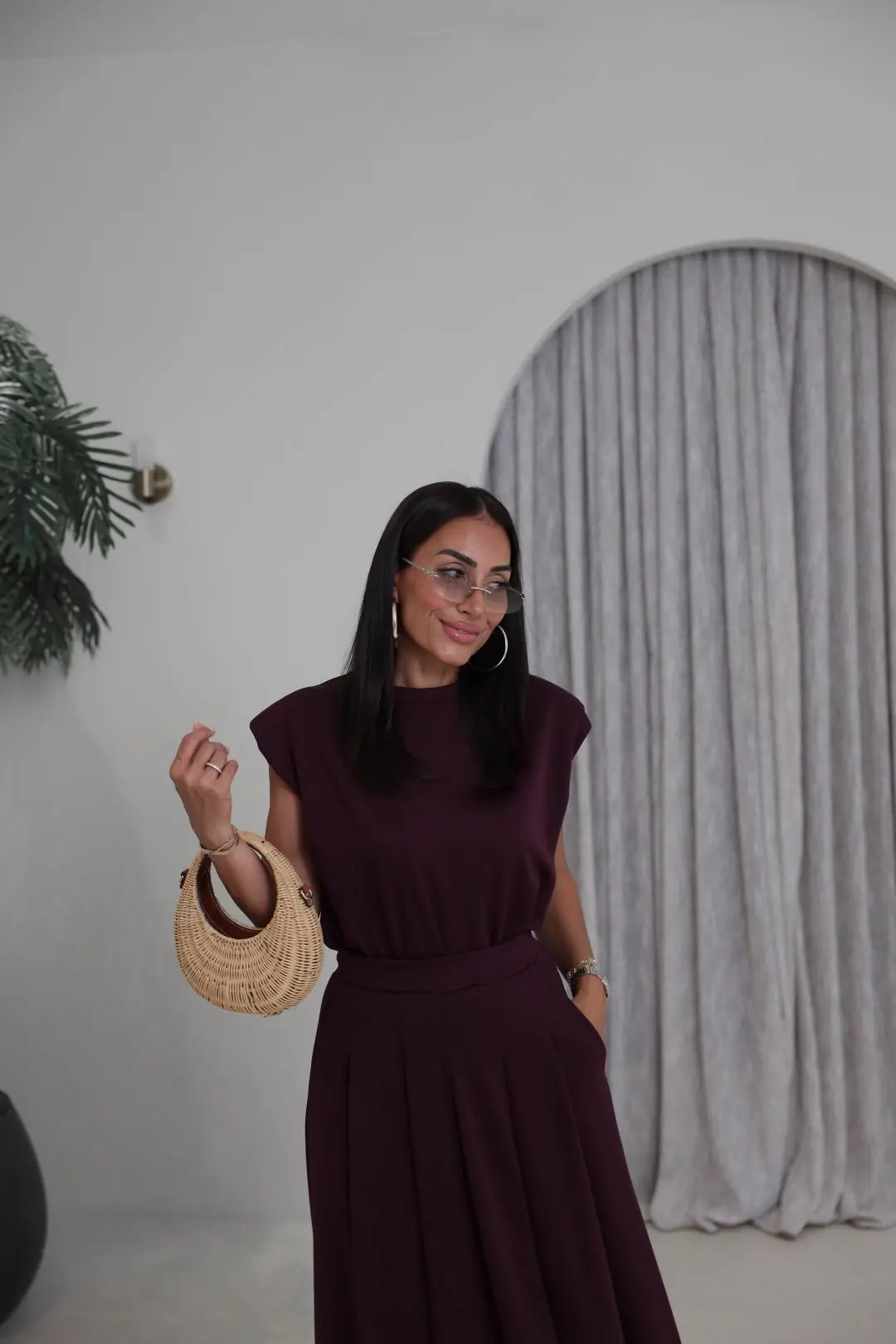 7150 Vatkalı Penye Bluz ve Pileli Etekli Takım MÜRDÜM