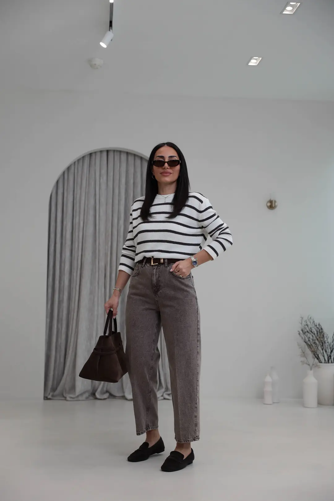 3010 Süet Kemerli Mom Jean YIKAMALI KAHVE