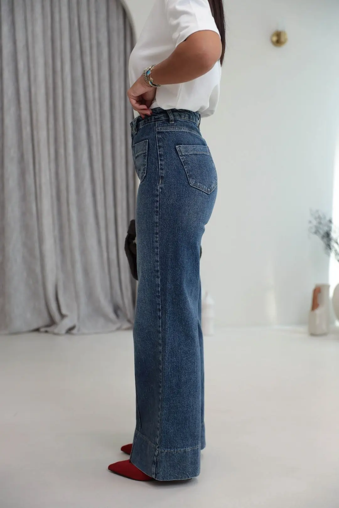 1040 Ön Cep ve Paça Detaylı Wide Leg Jean MAVİ