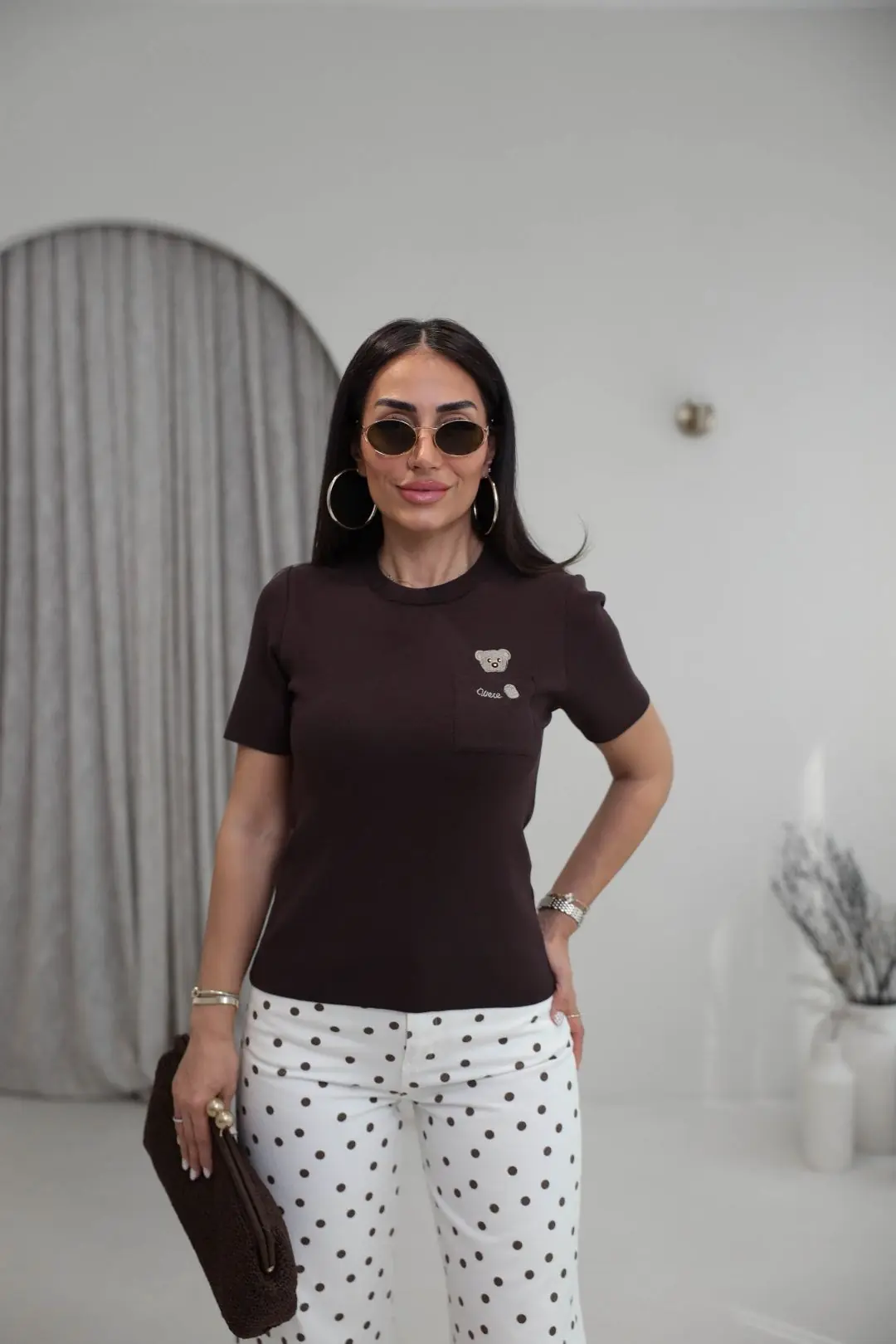 0640 Cebi Ayıcıklı Rayon Kumaş Bluz KAHVE