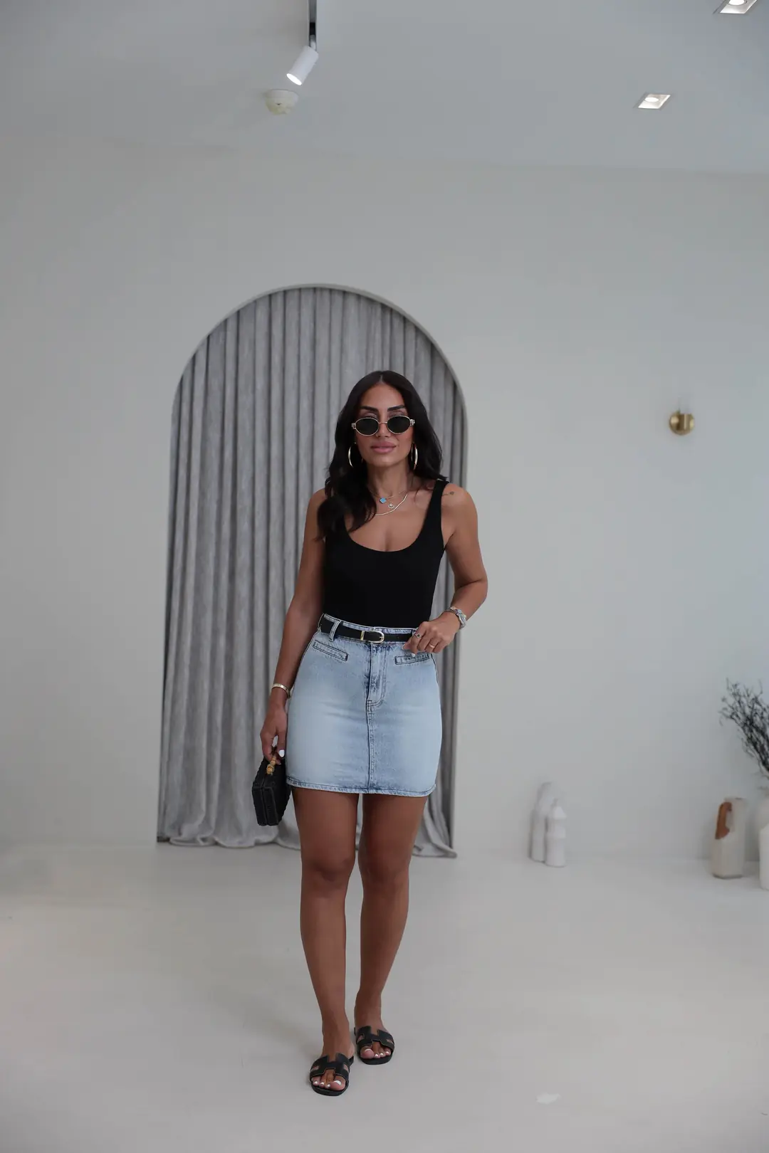 202 Ön Cep Detaylı Kemerli Mini Denim Etek BUZ MAVİ
