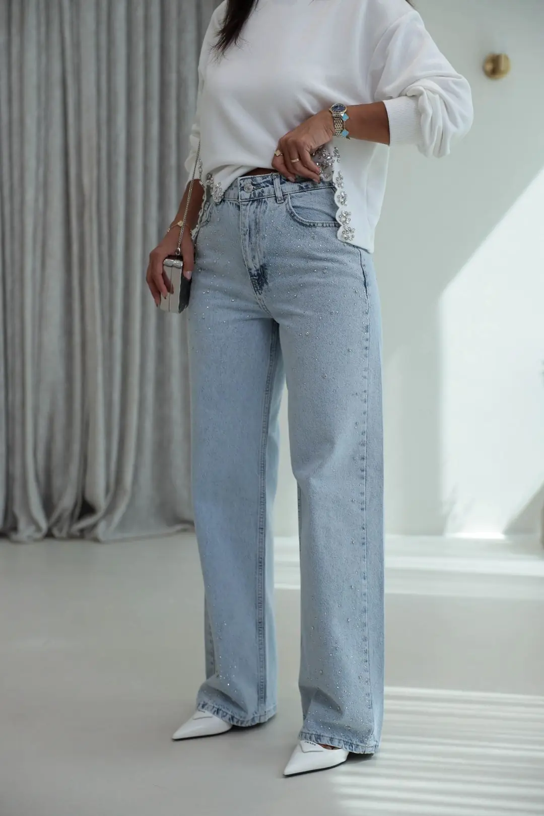 1071 Serpme Taş Detaylı Yüksek Bel Denim Pantolon BUZ MAVİ - BUZ MAVİ