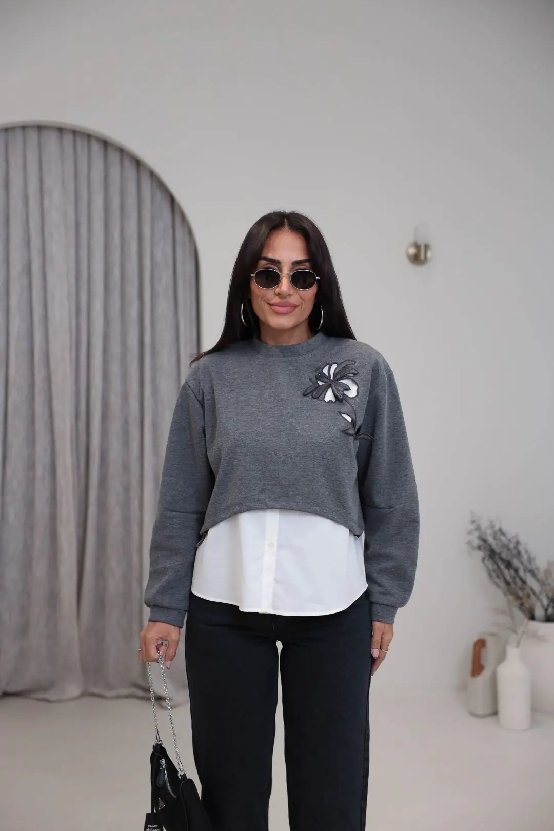 1154 Nakış Gömlek Detaylı Sweatshirt GRİ