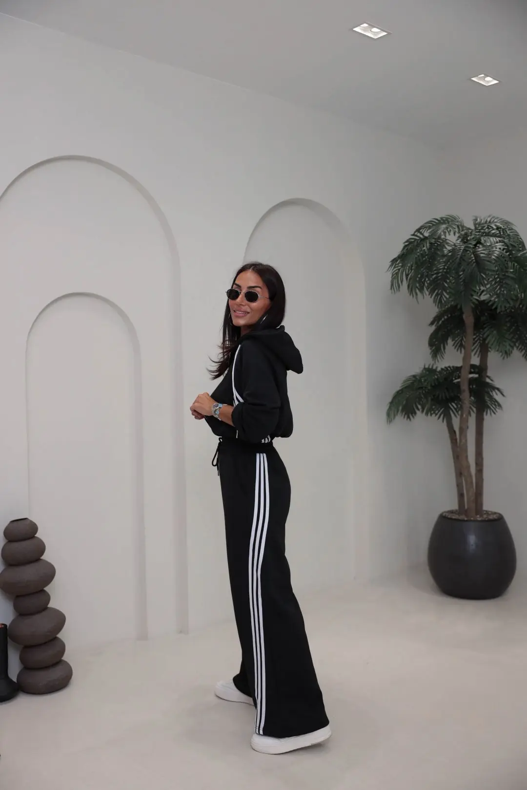 4285 Şerit Detaylı Fermuarlı Sweat Pantolon Takım SİYAH