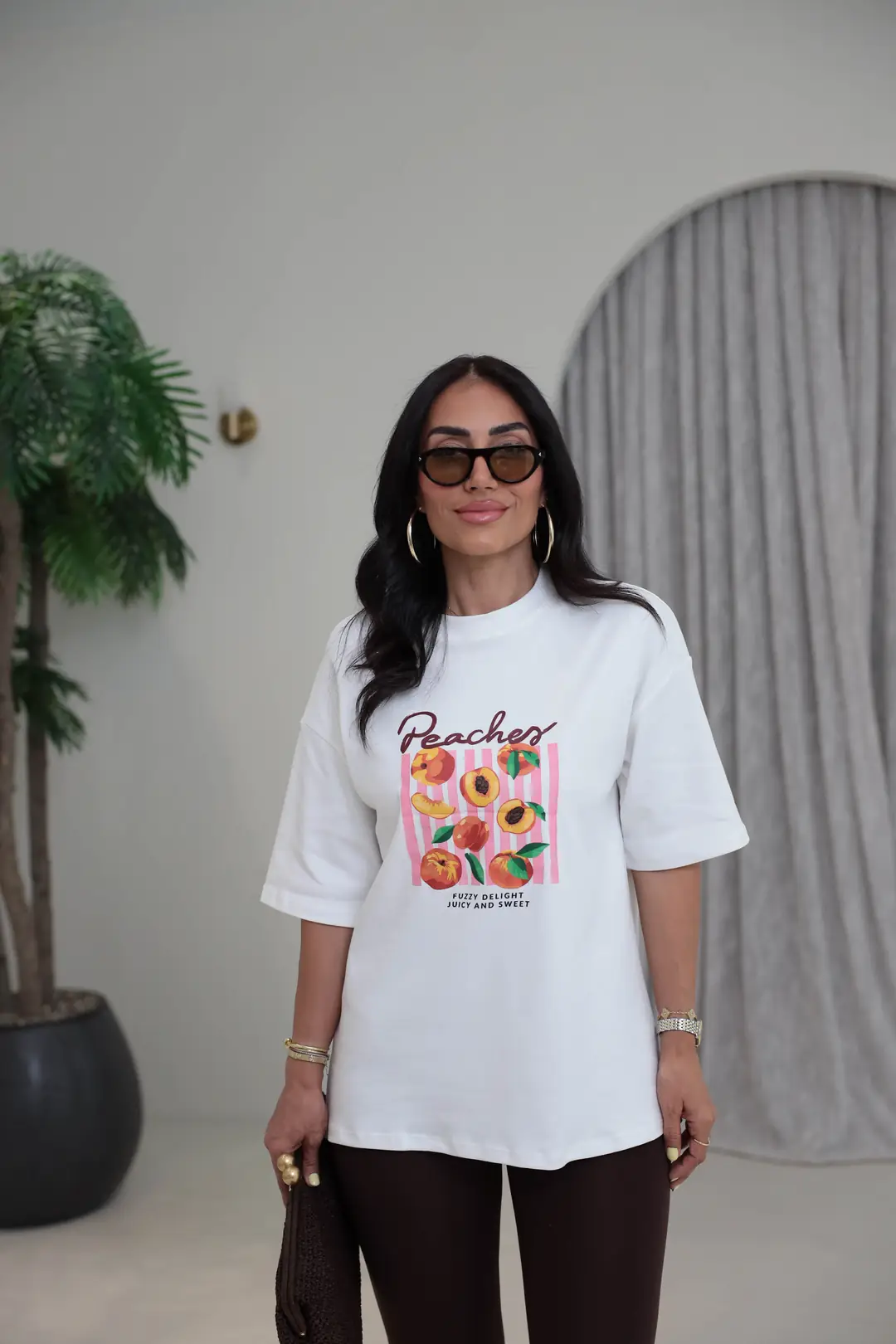 2026 Peaches Şeftali Baskılı Oversize Pamuklu Tshirt EKRU - EKRU