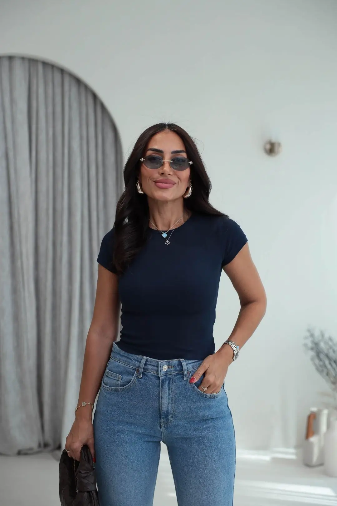 4173 Bisiklet Yaka Pamuklu Crop LACİVERT