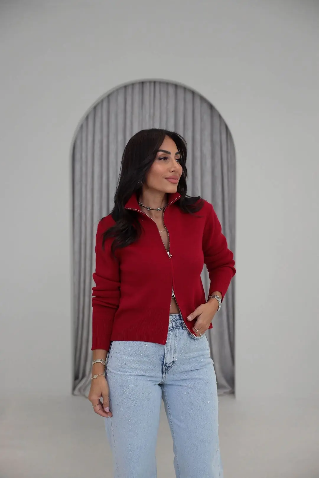 0105 Önden Çift Fermuarlı Hırka KIRMIZI