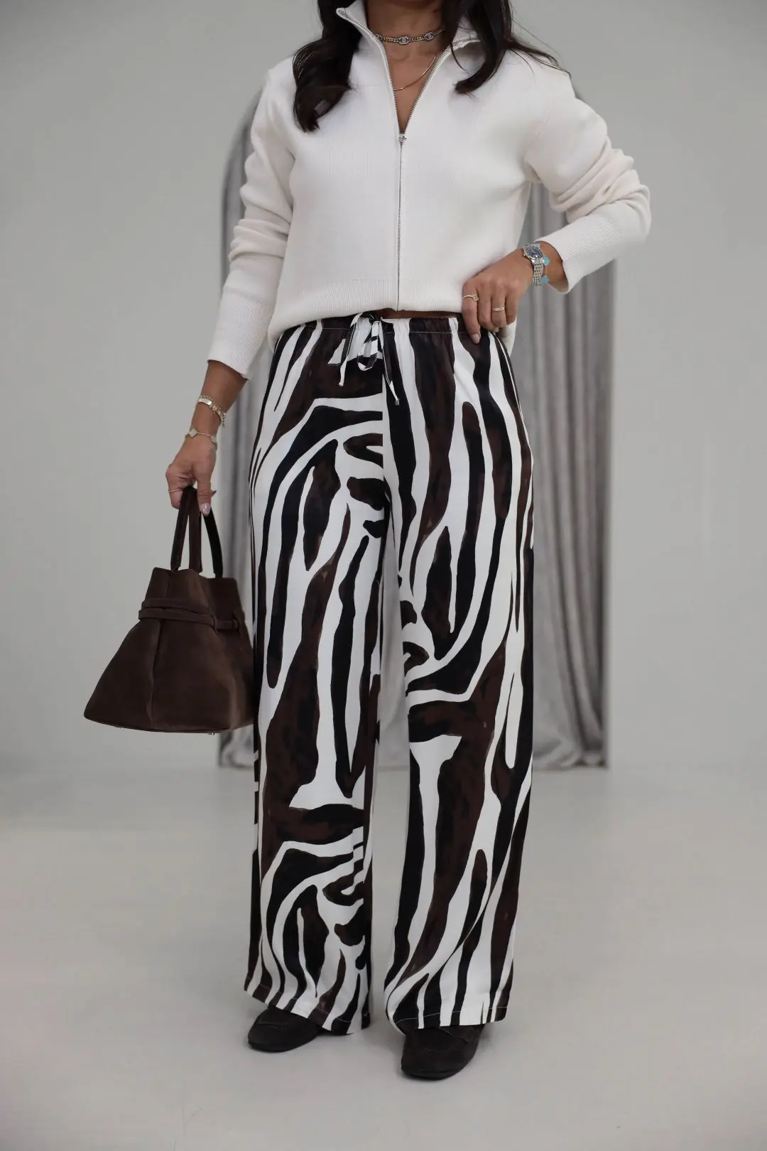 9177 Zebra Desen Saten Kumaş Bel Lastikli Pantolon SİYAHBEYAZ - SİYAHBEYAZ