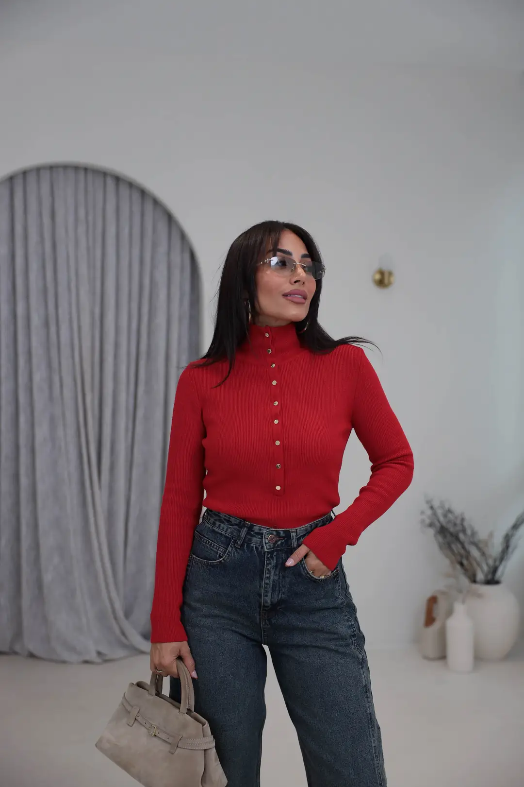 0686Y Çıtçıtlı Dik Yaka Triko Kazak KIRMIZI