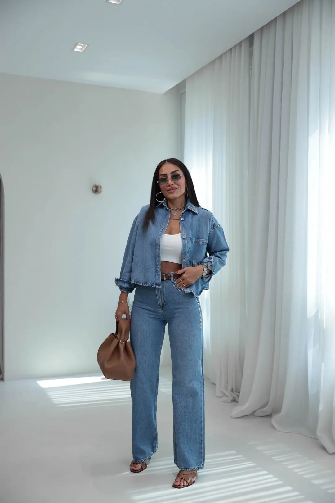 8405 Gömlek ve Pantolonu Taşlı Denim Takım MAVİ