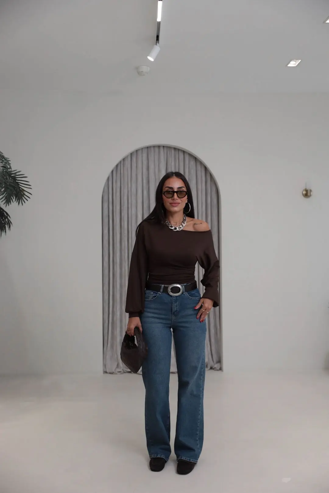 5453 Modal Kumaş Kayık Yaka Bluz KAHVE